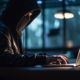 One thief typing dangerous password on laptop generated by artificial intelligence